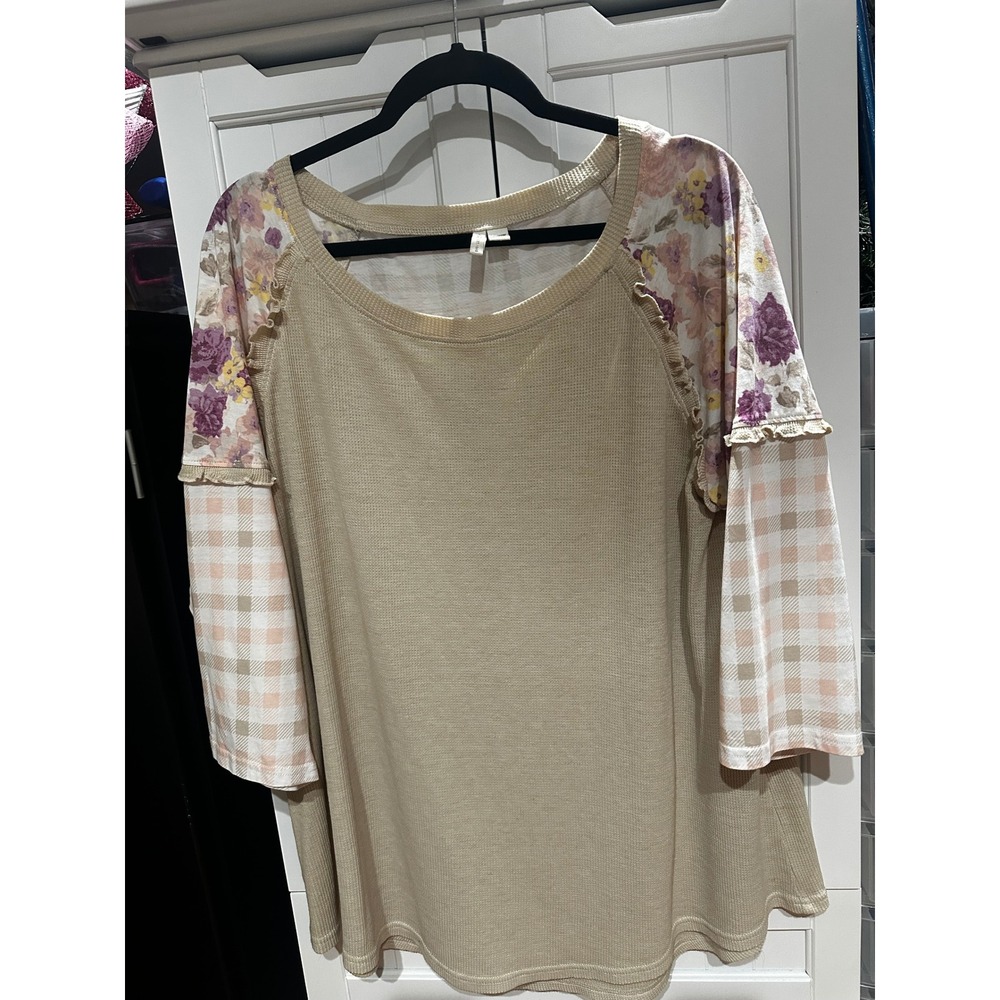 Cato Waffle Knit Top Womens 18/20W Tan Floral Gingham Mixed Media Ruffle Sleeve